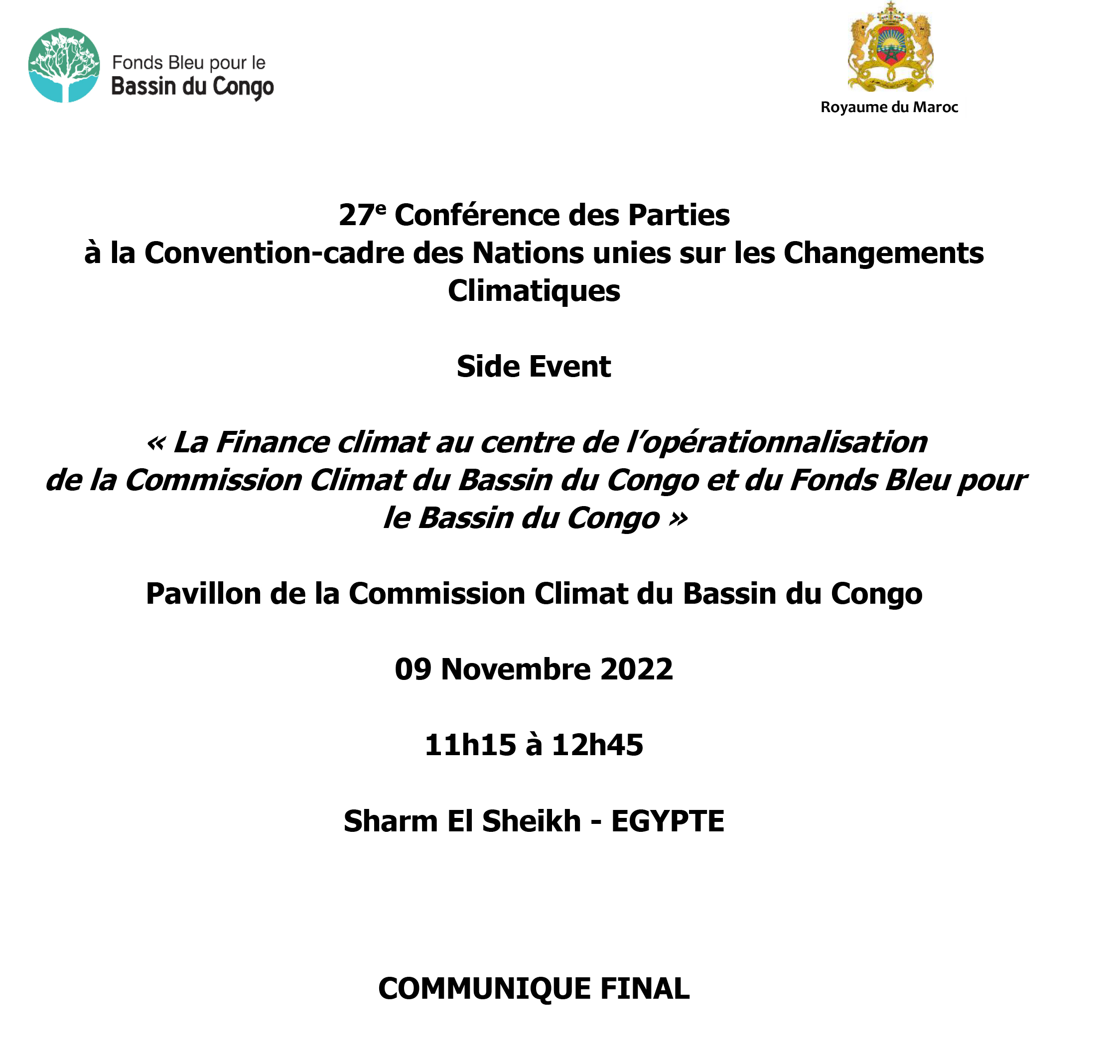 Communiqué final du Side Event de Haut niveau sur La Finance climat au centre de l’opérationnalisation de la CCBC et du F2BC