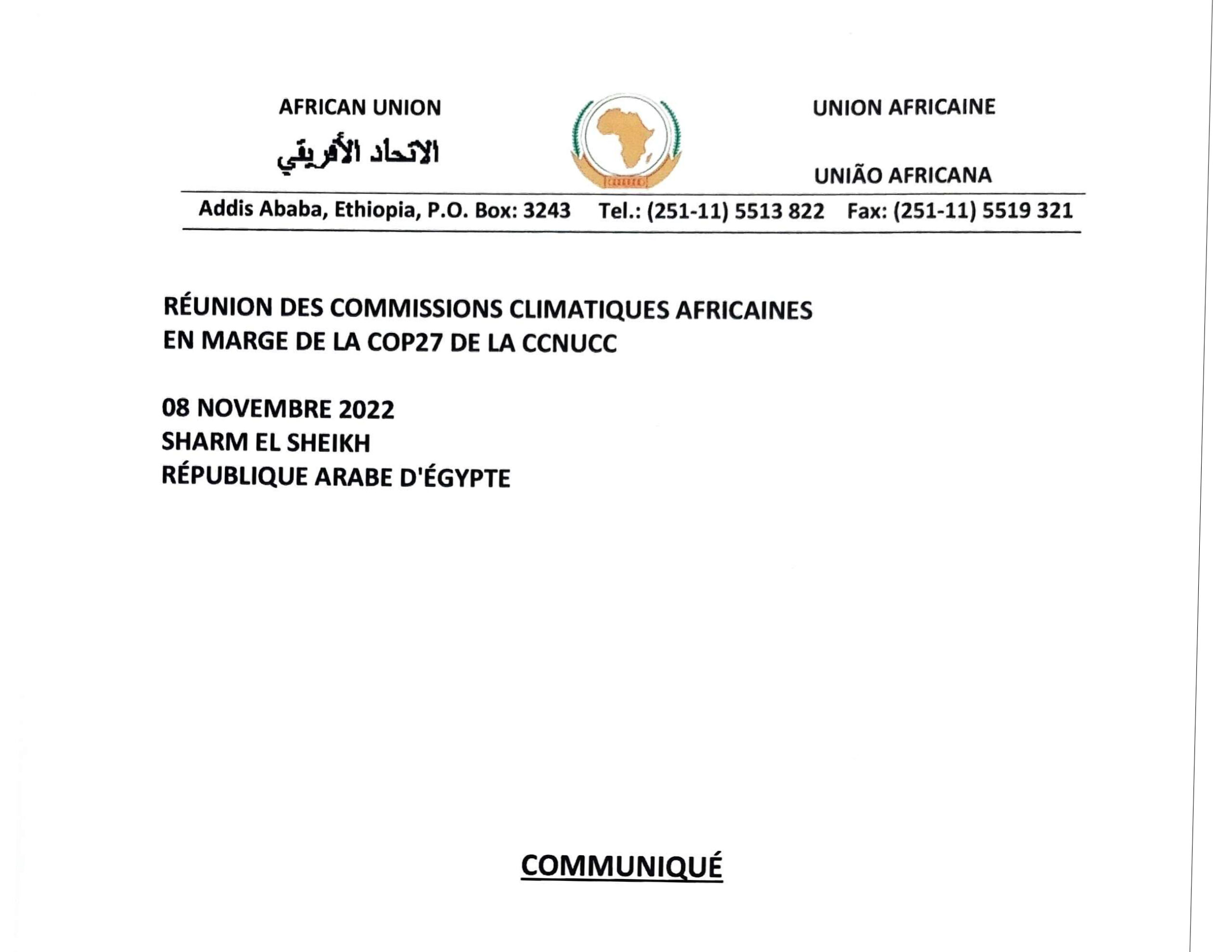 Communiqué adopté de la Réunion de très haut niveau des commissions Climat Africaines